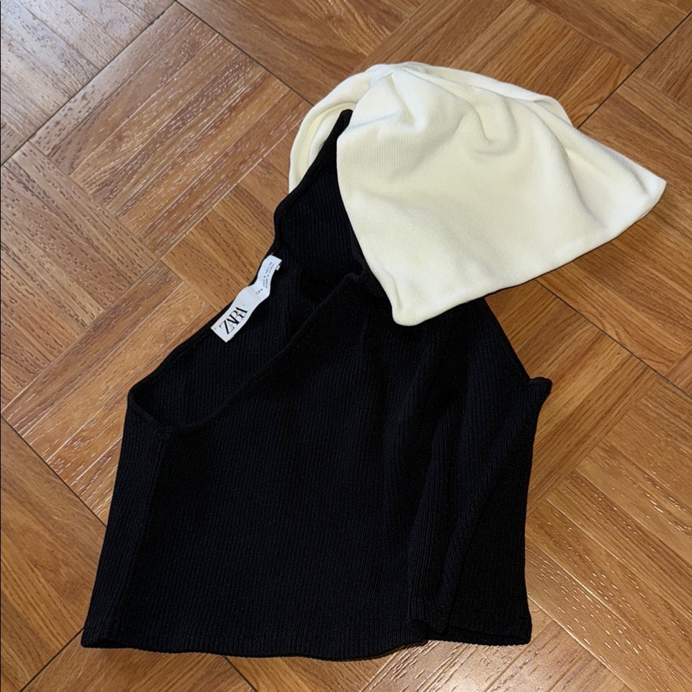 Zara Black and Cream One-Shoulder Women's Top with Bow Detail